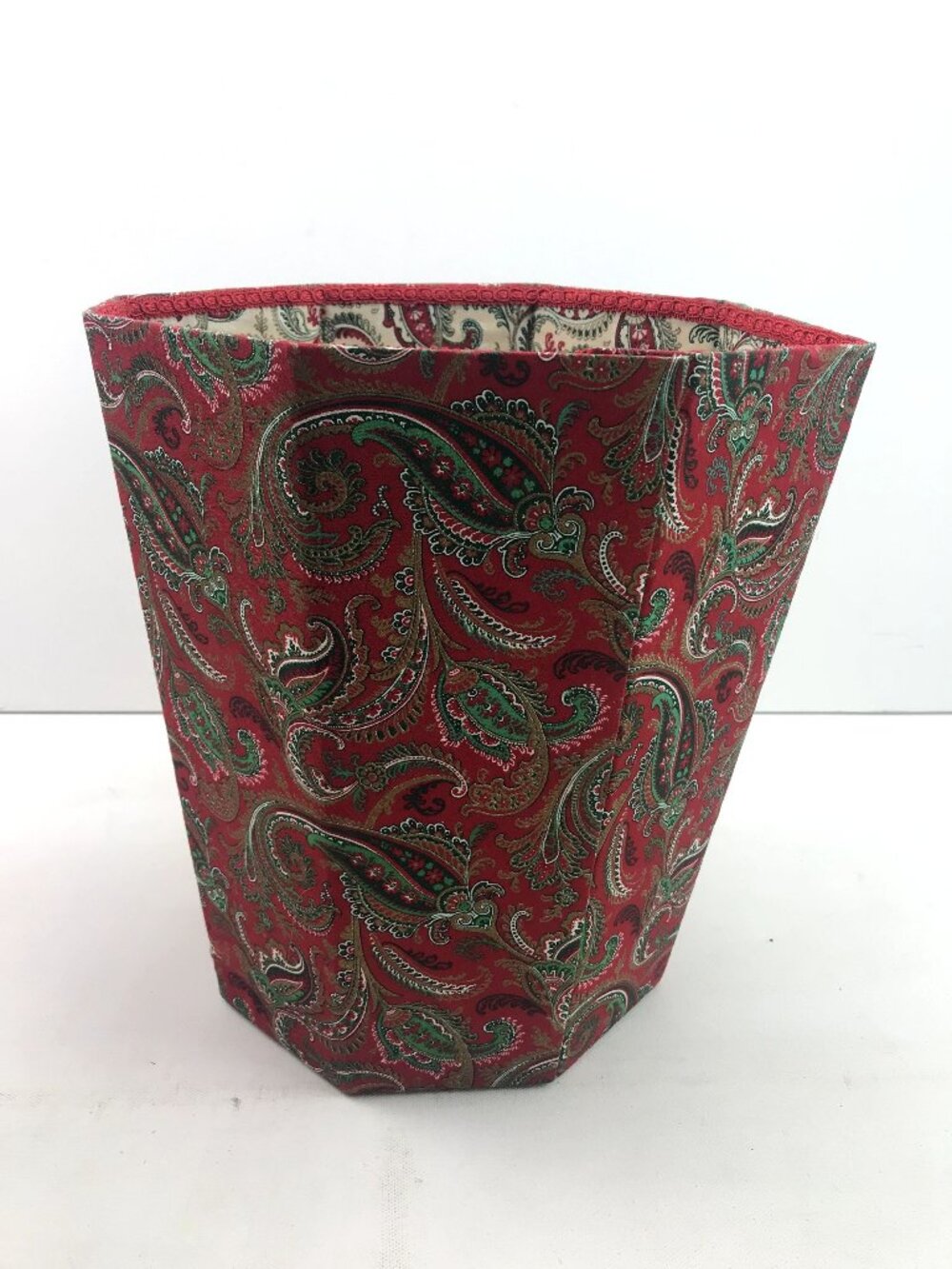 Vintage 90s Homemade Red Paisley Christmas Fabric Trash Can Basket